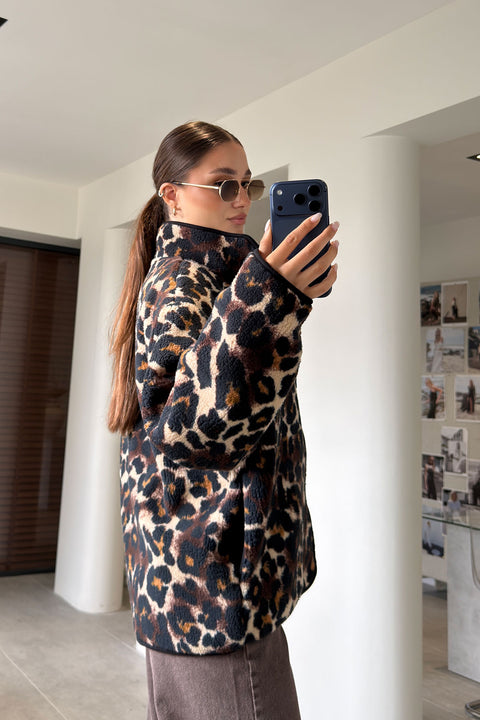Premium Leopar Desen Fermuarlı Polar- Acı Kahve