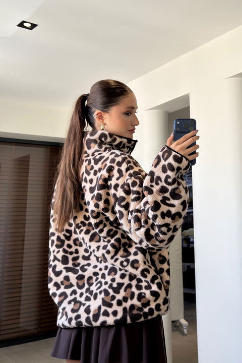 PREMİUM LEOPAR DESENLİ POLAR- KAHVERENGİ