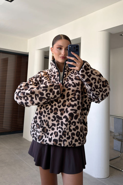 PREMİUM LEOPAR DESENLİ POLAR- KAHVERENGİ