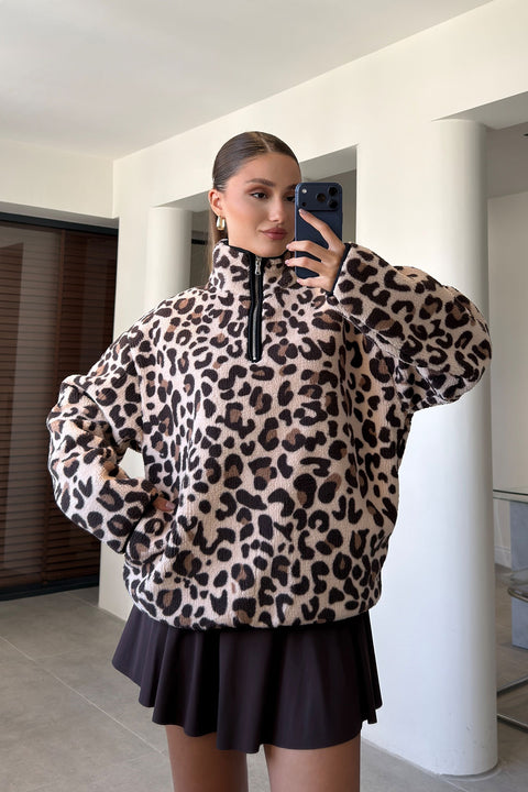 PREMİUM LEOPAR DESENLİ POLAR- KAHVERENGİ