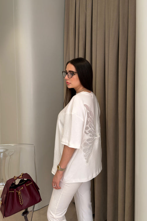 Premium Oversize Kelebek Nakışlı Bluz- BEYAZ