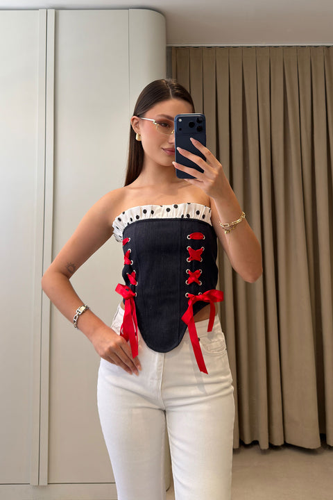 Premium Puantiye Desen Denim Büstiyer- KOYU LACİVERT