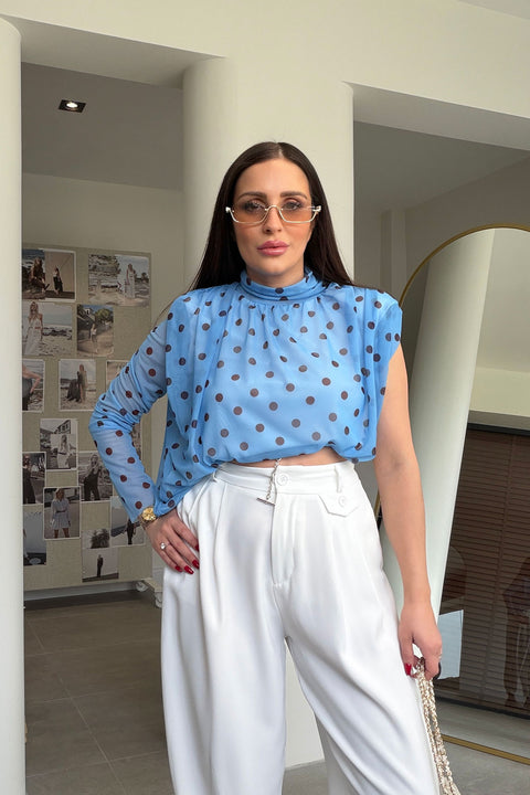 Premium Puantiyeli Dik Yaka Bluz- MAVİ