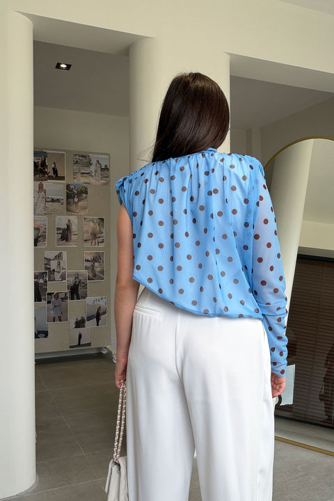 Premium Puantiyeli Dik Yaka Bluz- MAVİ