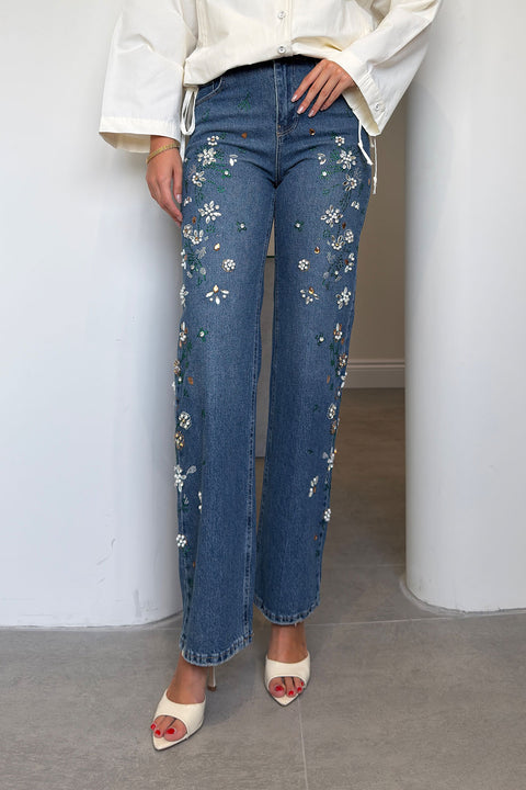 Premium Taş İşlemeli Detay Jean- MAVİ