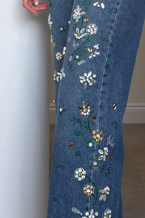 Premium Taş İşlemeli Detay Jean- MAVİ