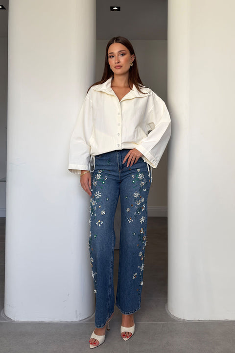 Premium Taş İşlemeli Detay Jean- MAVİ