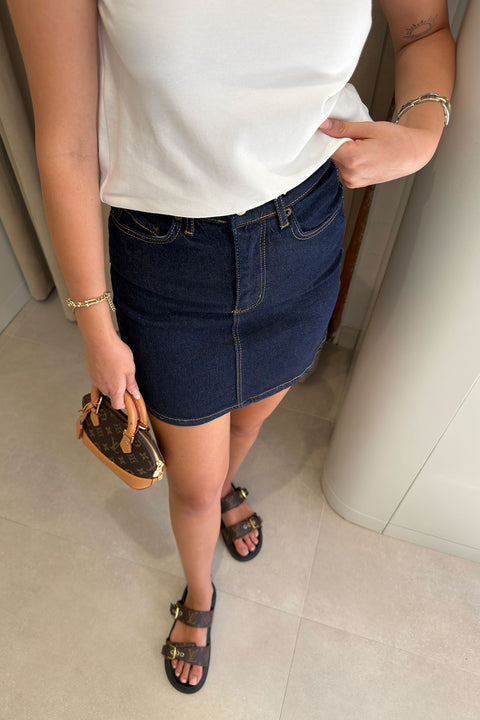 Premium Yıkamalı Denim Etek- KOYU LACİVERT