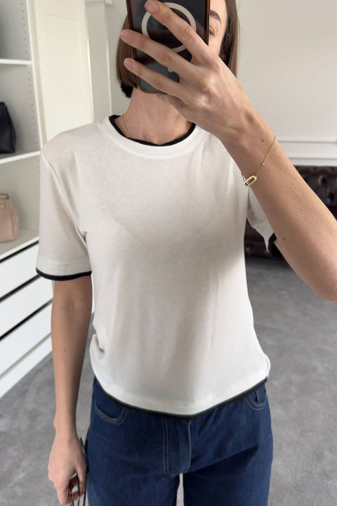 Renk Detay Triko Tshirt- EKRU