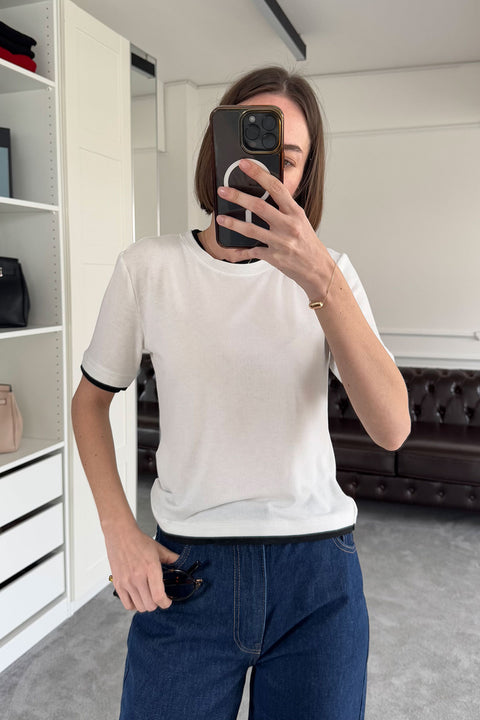 Renk Detay Triko Tshirt- EKRU