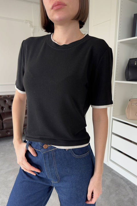 Renk Detay Triko Tshirt- SİYAH