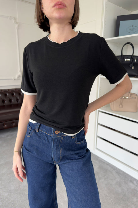 Renk Detay Triko Tshirt- SİYAH