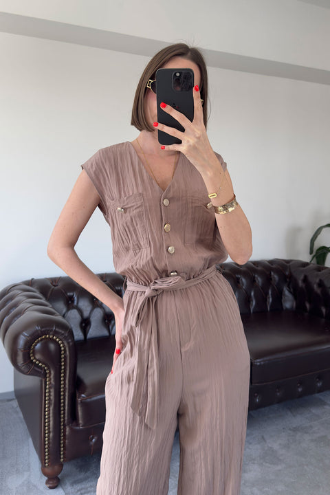 Safari Model Kırışık Sıfır Kol Tulum- VİZON