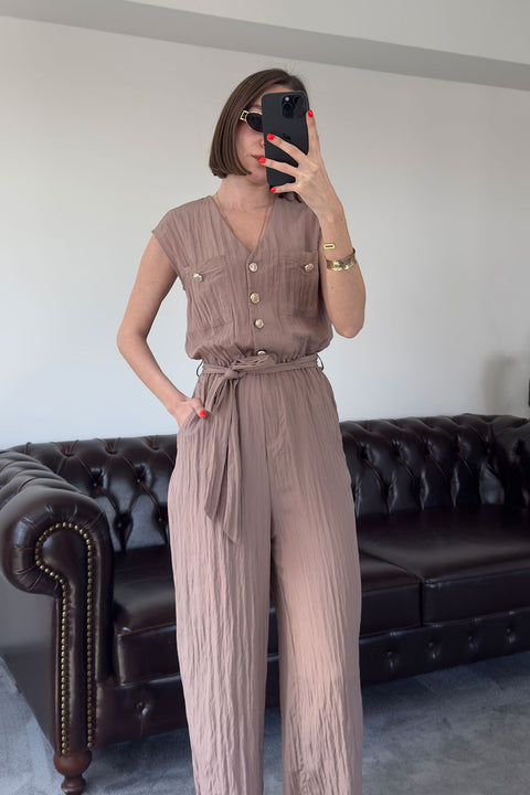 Safari Model Kırışık Sıfır Kol Tulum- VİZON