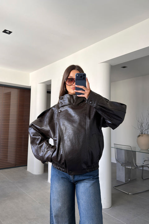 Suni Deri Özel Seri Biker Ceket- KAHVERENGİ