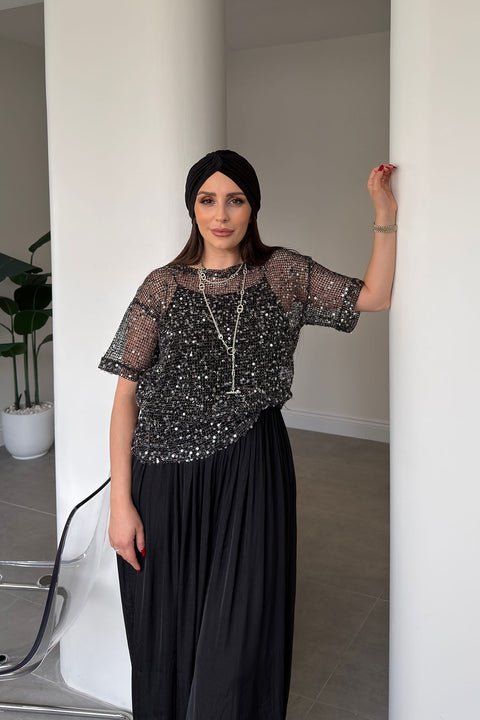 Tasarım Pullu File Bluz- SİYAH