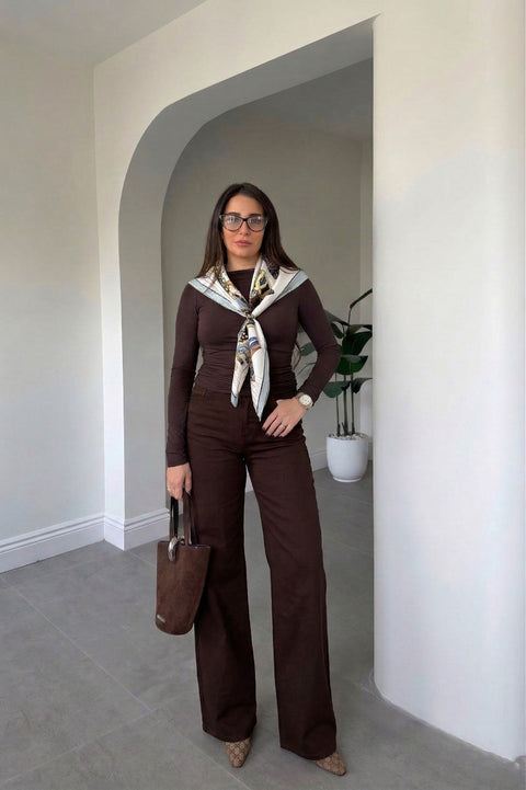 Tintli Wide Leg Jean- KAHVERENGİ