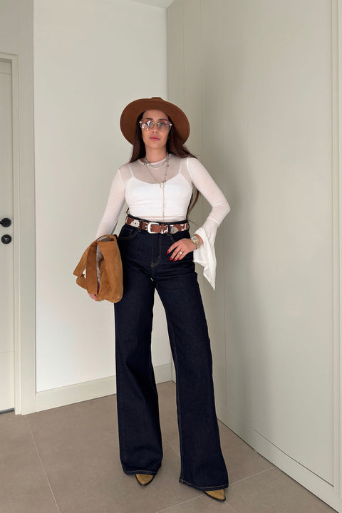 Tintli Wide Leg Jean- LACİVERT