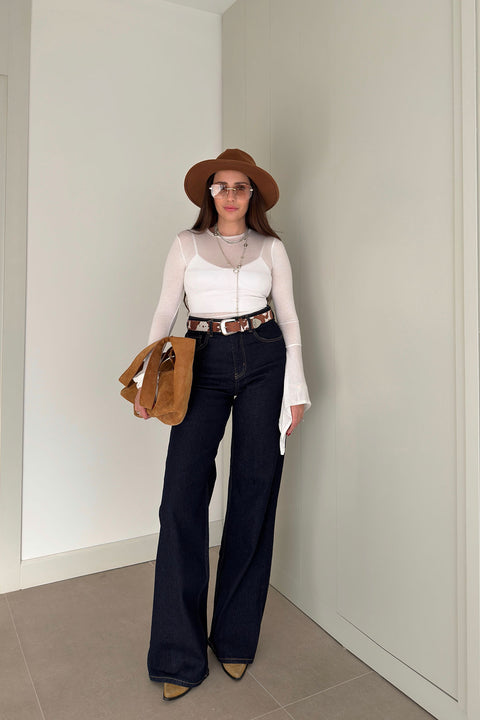 Tintli Wide Leg Jean- LACİVERT