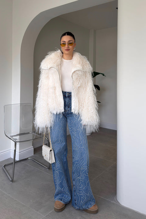 Tintli Wide Leg Taşlı Jean- MAVİ