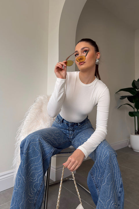 Tintli Wide Leg Taşlı Jean- MAVİ