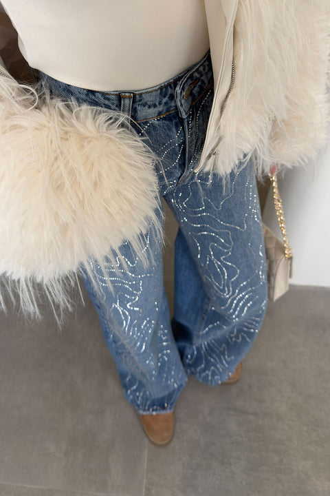 Tintli Wide Leg Taşlı Jean- MAVİ