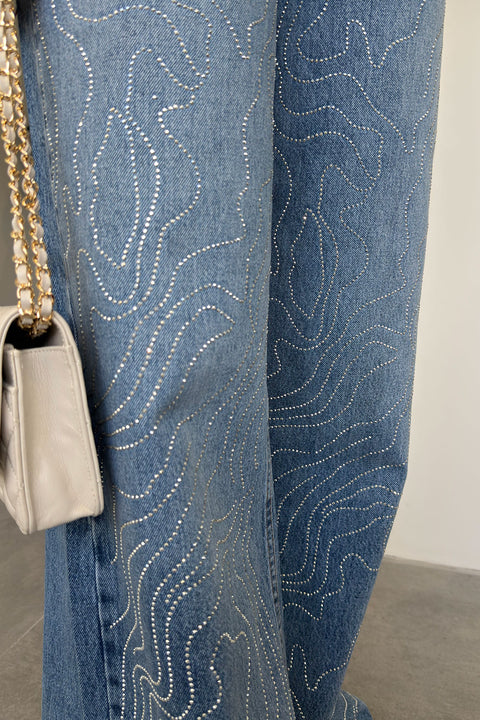 Tintli Wide Leg Taşlı Jean- MAVİ