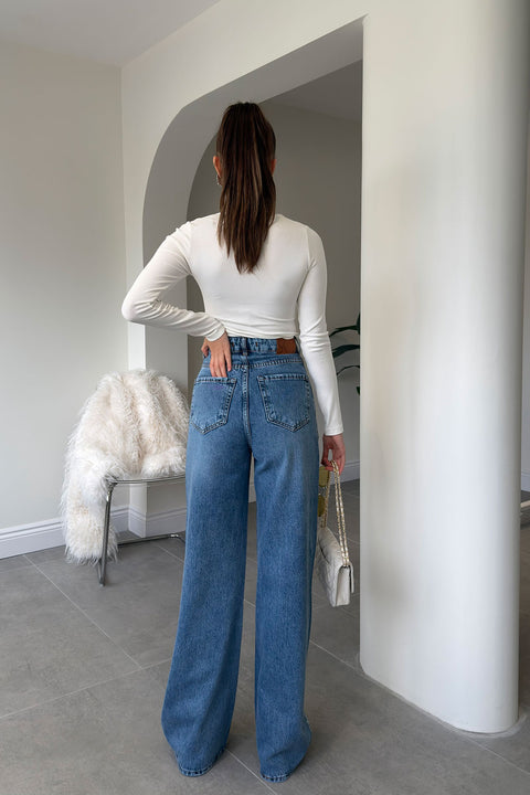Tintli Wide Leg Taşlı Jean- MAVİ