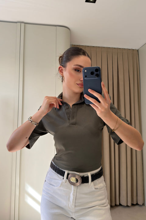 Vatkalı Premium Polo Yaka Bluz- HAKİ