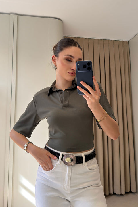 Vatkalı Premium Polo Yaka Bluz- HAKİ