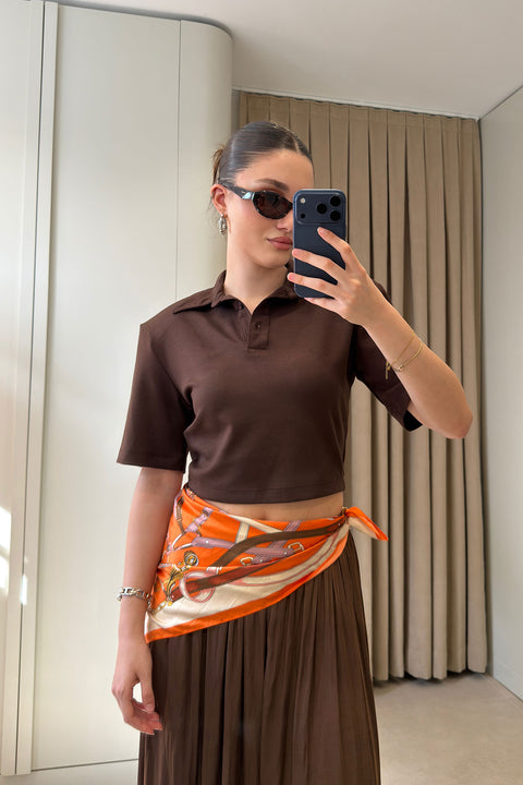 Vatkalı Premium Polo Yaka Bluz- KAHVERENGİ