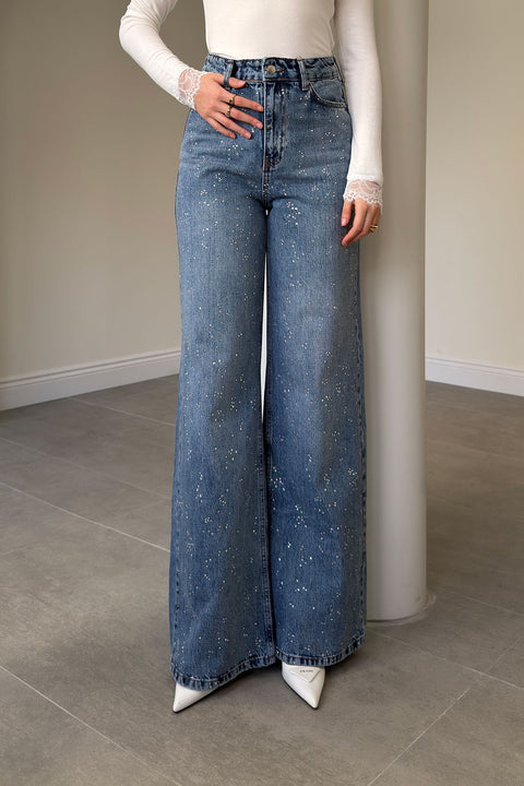 Wide Leg Önü Taşlı Jean- MAVİ