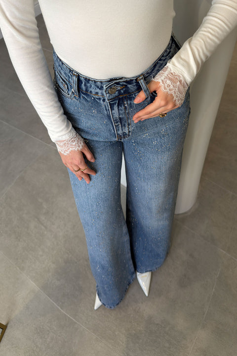 Wide Leg Önü Taşlı Jean- MAVİ