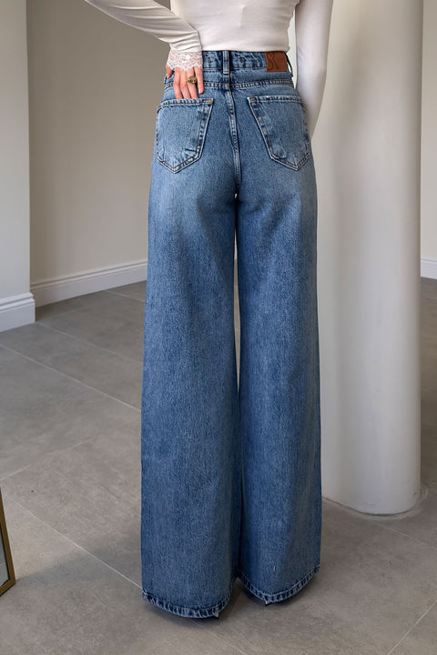 Wide Leg Önü Taşlı Jean- MAVİ