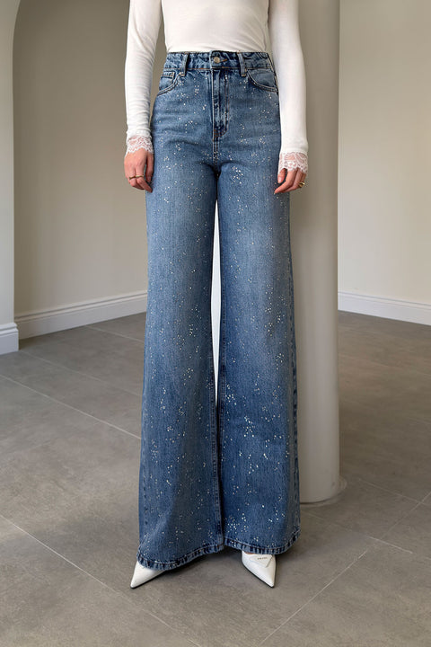 Wide Leg Önü Taşlı Jean- MAVİ