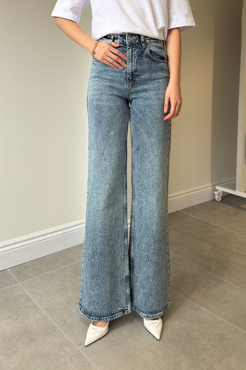 Wideleg Bol Paça Taşlı Jean- MAVİ