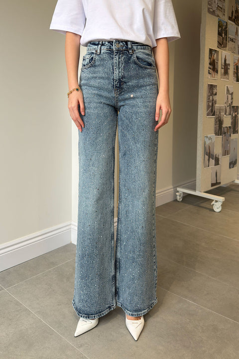 Wideleg Bol Paça Taşlı Jean- MAVİ