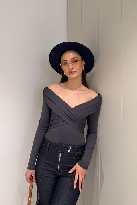 Yaka Detay Uzun Kollu Bodysuit- GRİ
