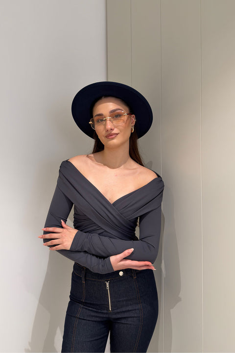 Yaka Detay Uzun Kollu Bodysuit- GRİ