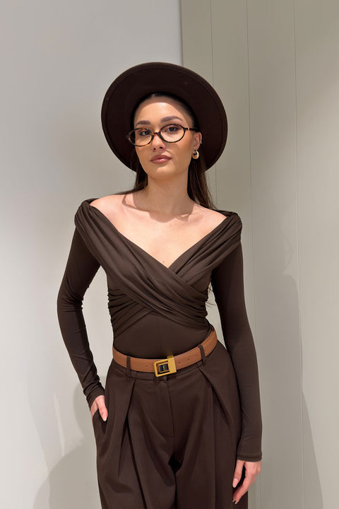 Yaka Detay Uzun Kollu Bodysuit- KAHVERENGİ