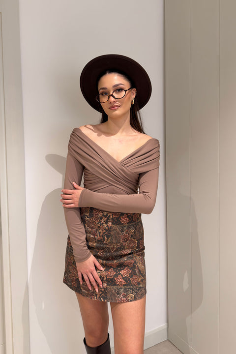Yaka Detay Uzun Kollu Bodysuit- VİZON