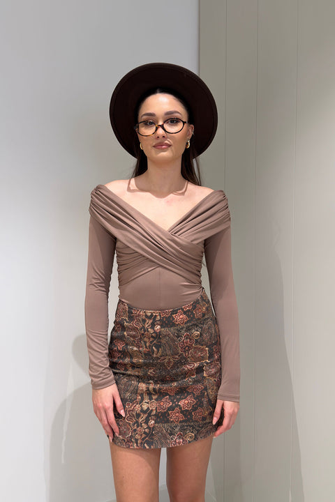 Yaka Detay Uzun Kollu Bodysuit- VİZON