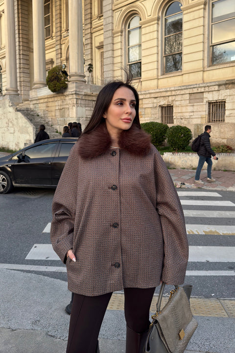 Yarasa Kol Kürk Detay Panço- KAHVERENGİ