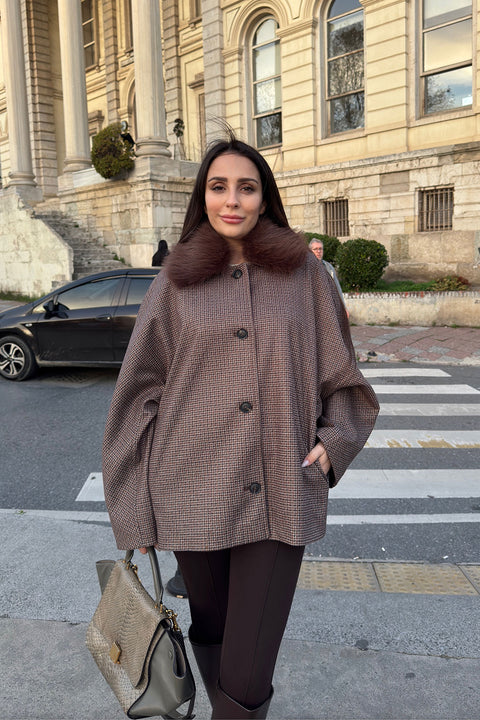 Yarasa Kol Kürk Detay Panço- KAHVERENGİ