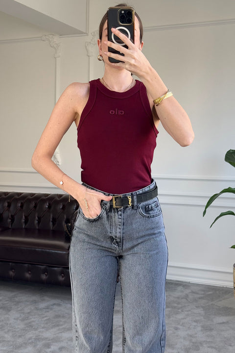 Yazı Nakış Detaylı Fitilli Crop- BORDO
