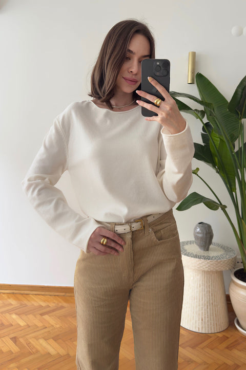 Yeni Model Kayık Yaka Triko Bluz- EKRU