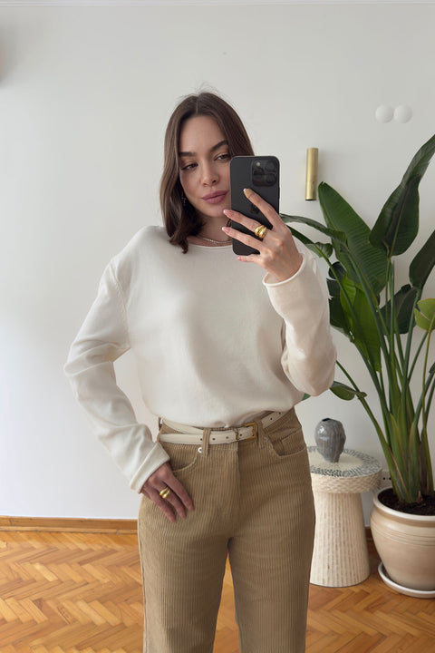 Yeni Model Kayık Yaka Triko Bluz- EKRU
