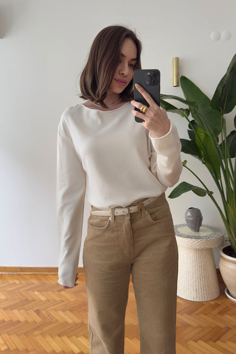Yeni Model Kayık Yaka Triko Bluz- EKRU