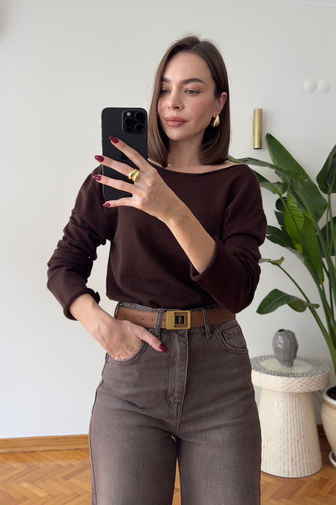 Yeni Model Kayık Yaka Triko Bluz- KAHVERENGİ