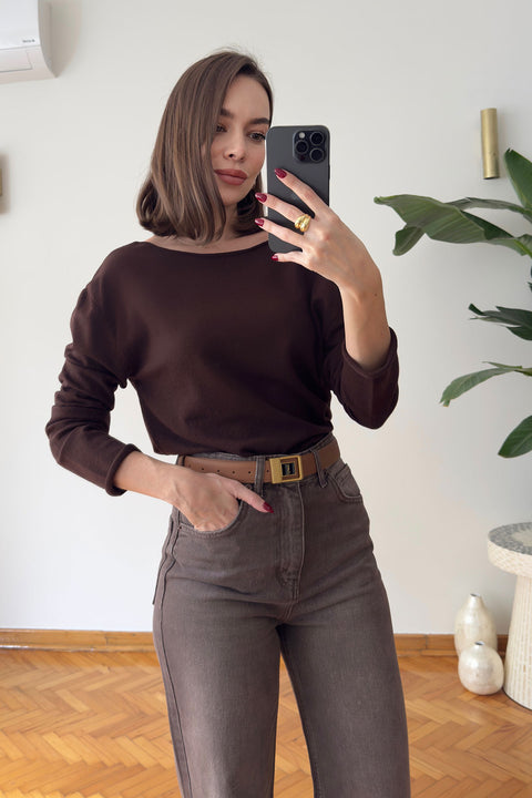 Yeni Model Kayık Yaka Triko Bluz- KAHVERENGİ